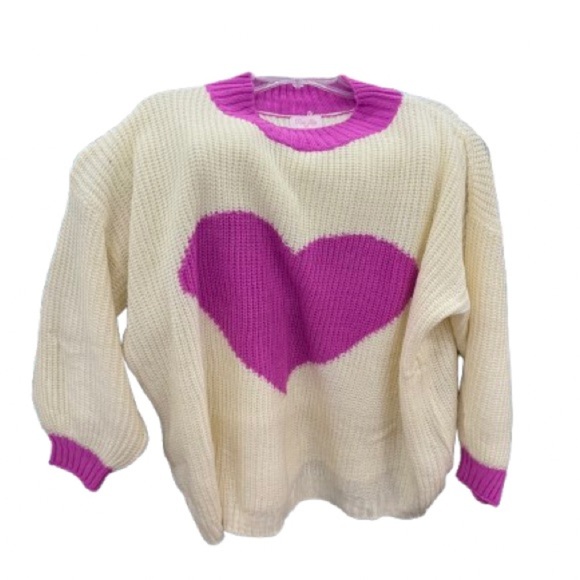 Pink Lily Cream Sweater with Magenta Heart - Picture 1 of 1